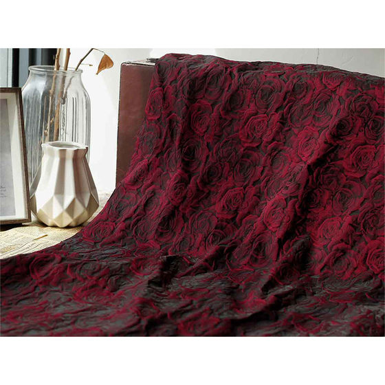 Embossed Red Three-Dimensional Rose Jacquard Diablo Yarn-Dyed Jacquard Cloth Women's Dress Suit Bag Fabric