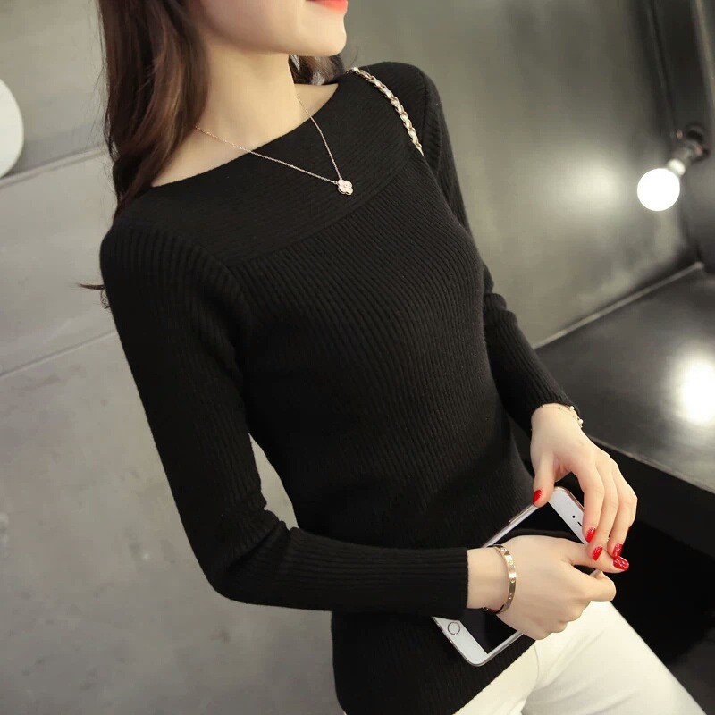 Slim-fit Sweater Women's 2023 Spring New Stylish Tight One-line Collar Long-sleeved Inner Base Sweater