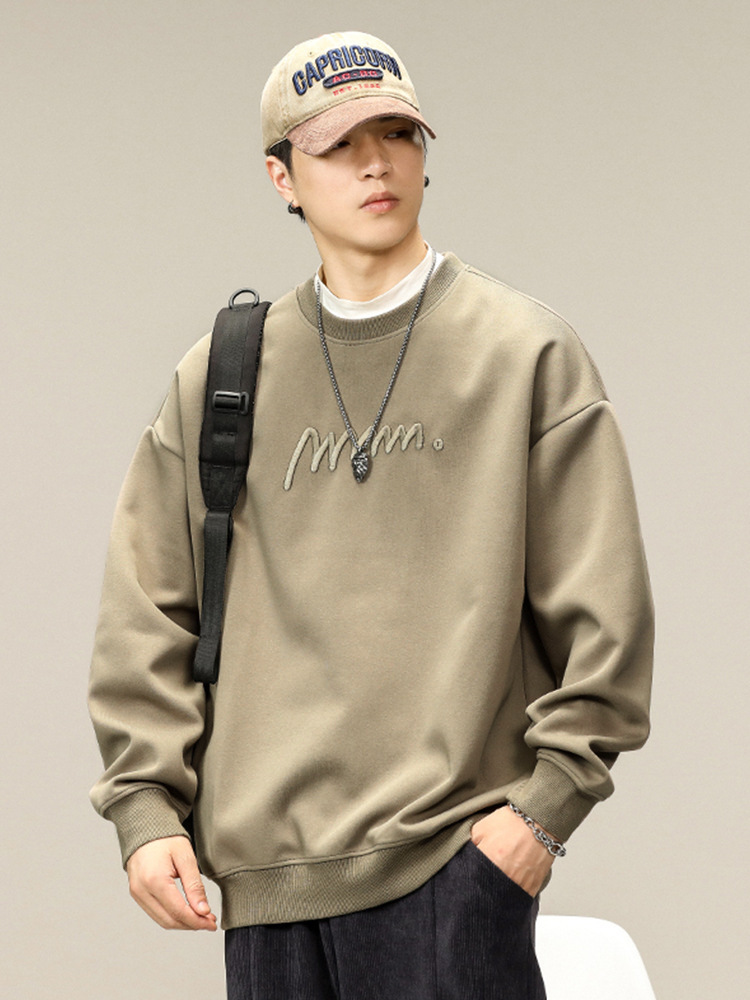 Also stop men's American retro heavy embroidered sweater men's spring new loose plus size fashion brand round neck top men's