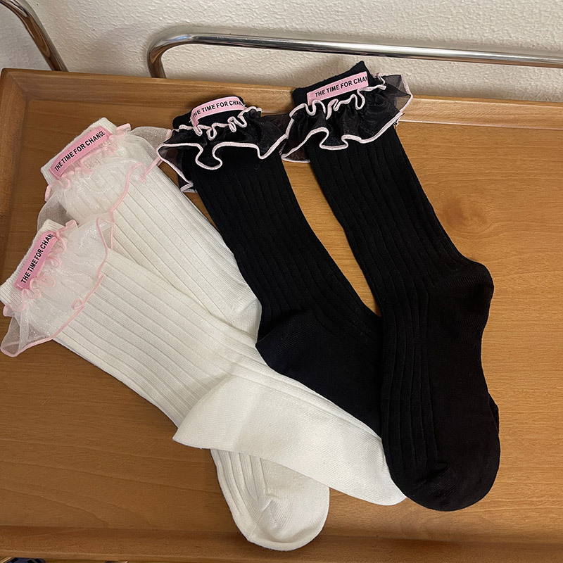 日系新品千禧年Y2k粉色標歐根紗花邊少女中筒襪jk學生軟妹堆堆襪