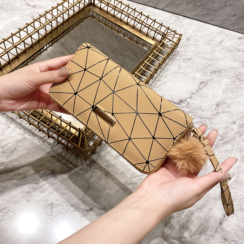 Women's Long Wallet 2022 New Multi-card Korean Double Zipper Clutch Rhombic Fur Ball Women's Wallet