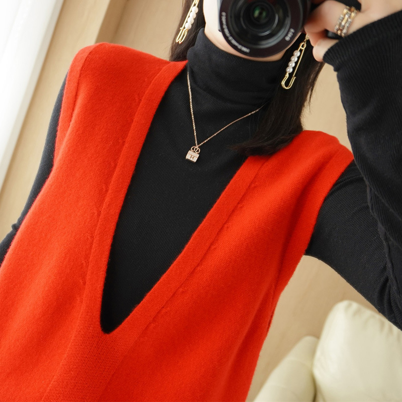 New Autumn and Winter Core-spun Yarn Material Women's 100 Knitted V-neck Vest Pullover Vest Korean-style Outer Wool Waistcoat