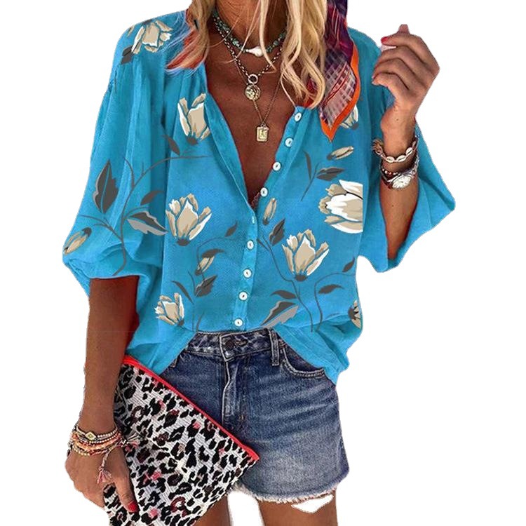 Women's Clothing 2024 European and American Printed Nine-point Long-sleeved Top with Vertical Collar Loose Casual Shirt Women