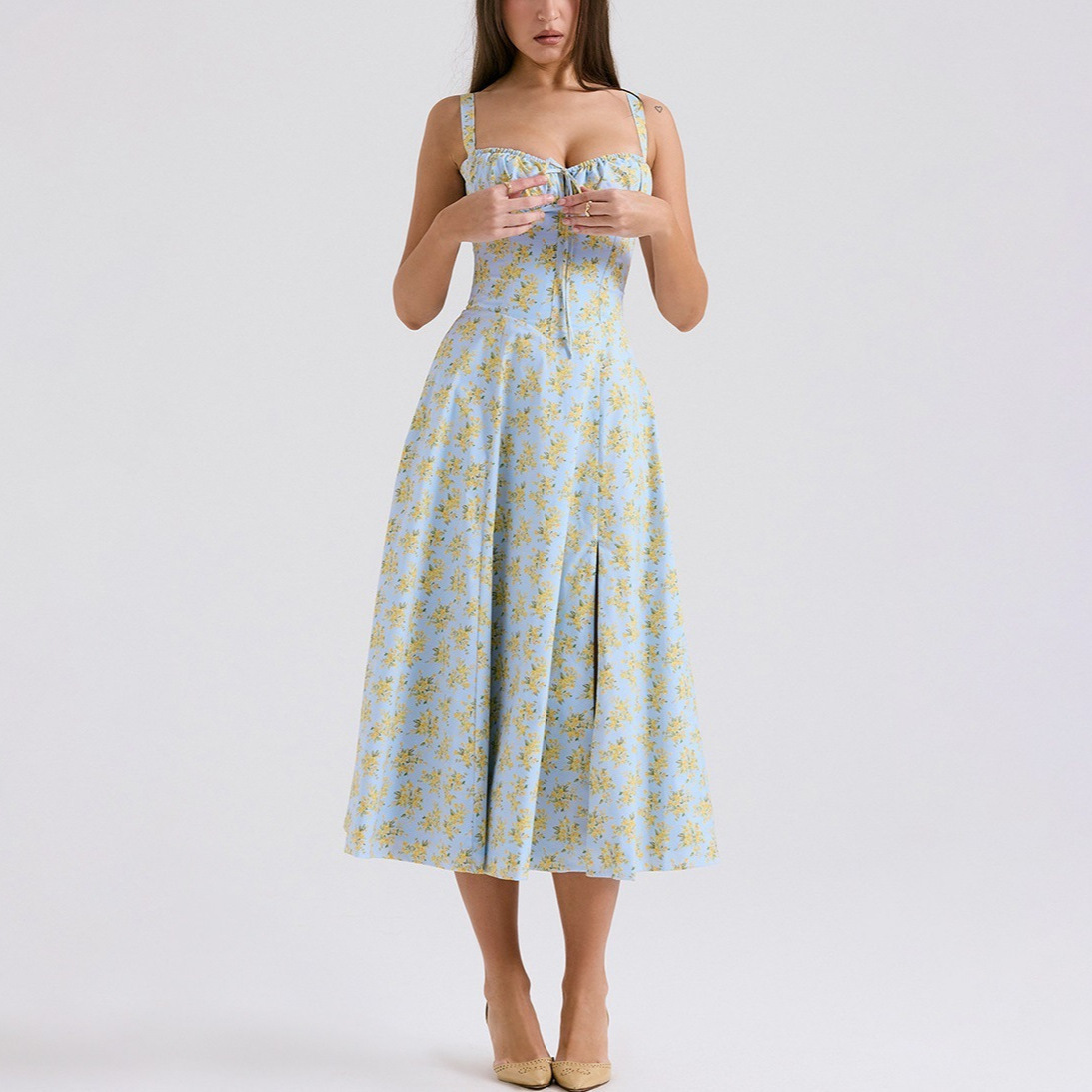 2024 Summer European and American New Women's Slim-fit Split Digital Printed Sling Dress Strap Waist Mid-length Dress