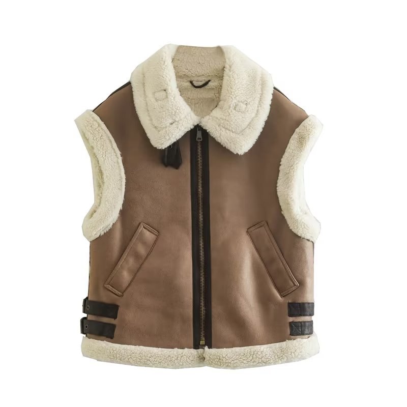 2022 European and American autumn and winter new women's brown fur one-piece lapel vest coat thickened vest K4-6353