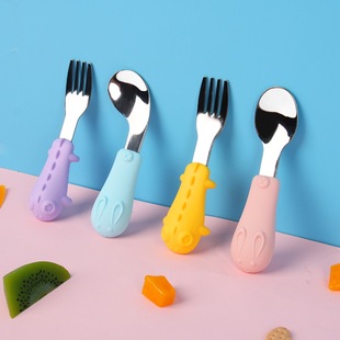 Children's Tableware Portable Set 304 Stainless Steel Dining Spoon Children's Fork Baby's Food Supplemented Spoon Silicone Fork
