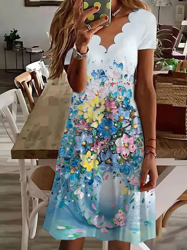 Amazon wish AliExpress independent station summer new European and American women's digital printing V-neck short sleeve dress