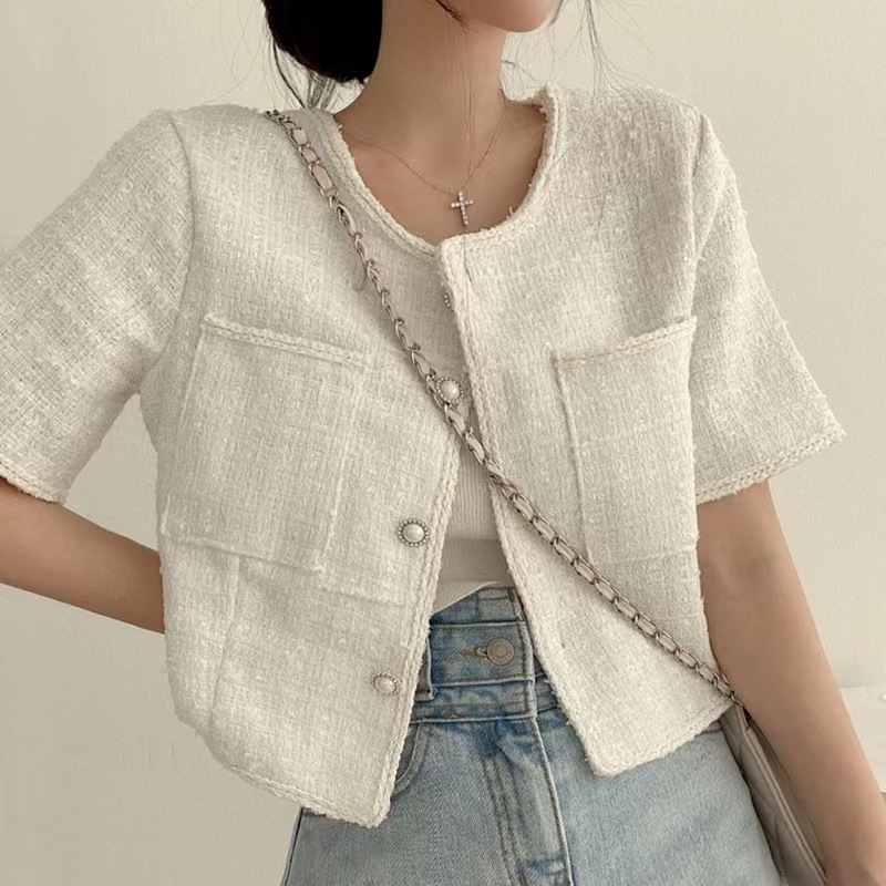 Koreanesche Chic Summer Einfach Elegant Ronn Ausschnëtt Locker Kant Perl Eenzelknäppt Duebeltasch Tweed Kuerzmantel_voghion.com