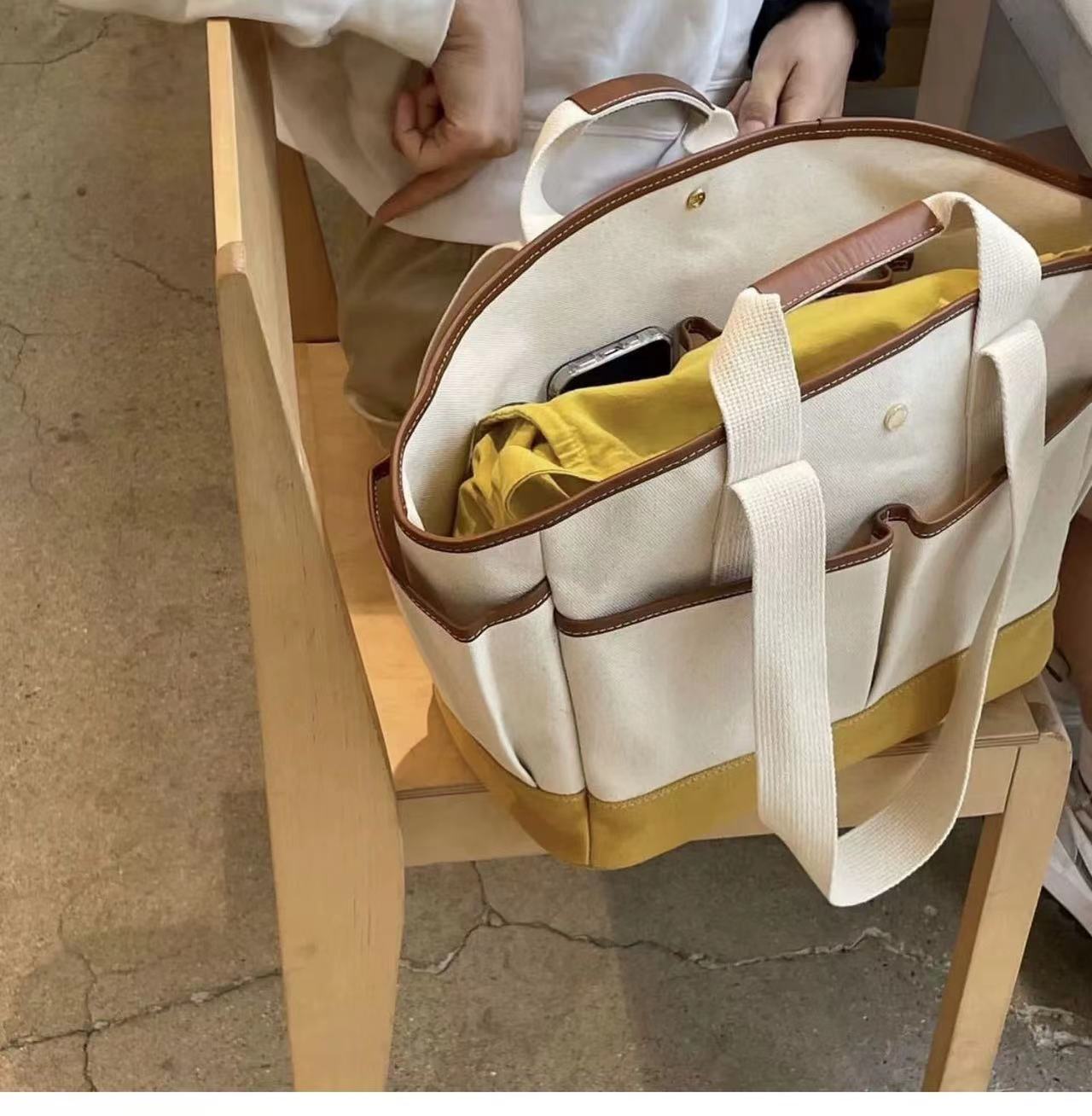 Korean-style Niche Patchwork Canvas Bag Large Capacity Multi-compartment Portable Mother and Baby Mummy Bag Practical Commuter Tote Bag_voghion.com