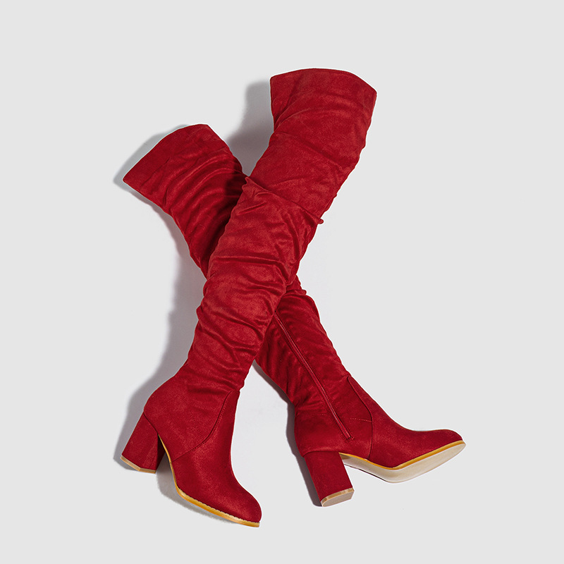 2023 foreign trade new knee-high boots soft natural wrinkled thick heel outdoor street runway women's boots 35-42 yards