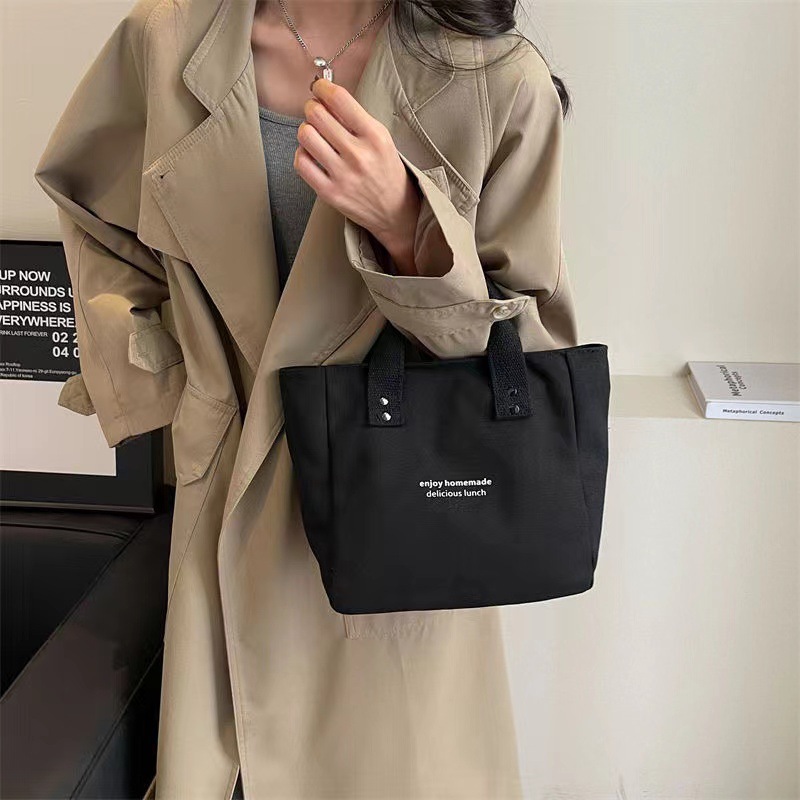 Cross-border new canvas solid color handbag Japanese-style office worker simple lunch box bag contrast color shoulder bag factory wholesale