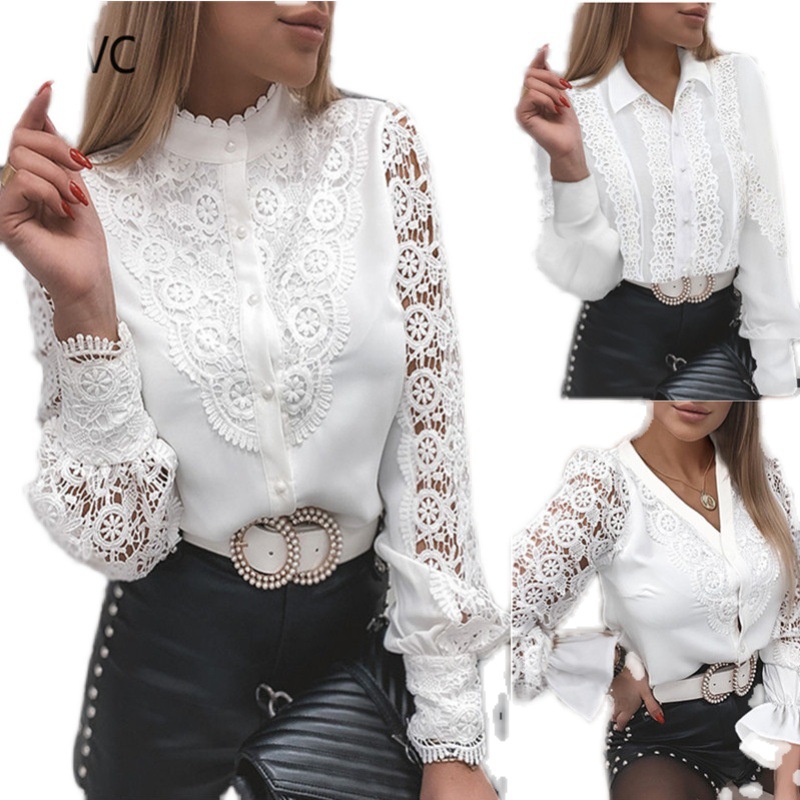 European station 2023 foreign trade AliExpress wish explosion shirt new solid color lace V-neck cardigan women's shirt