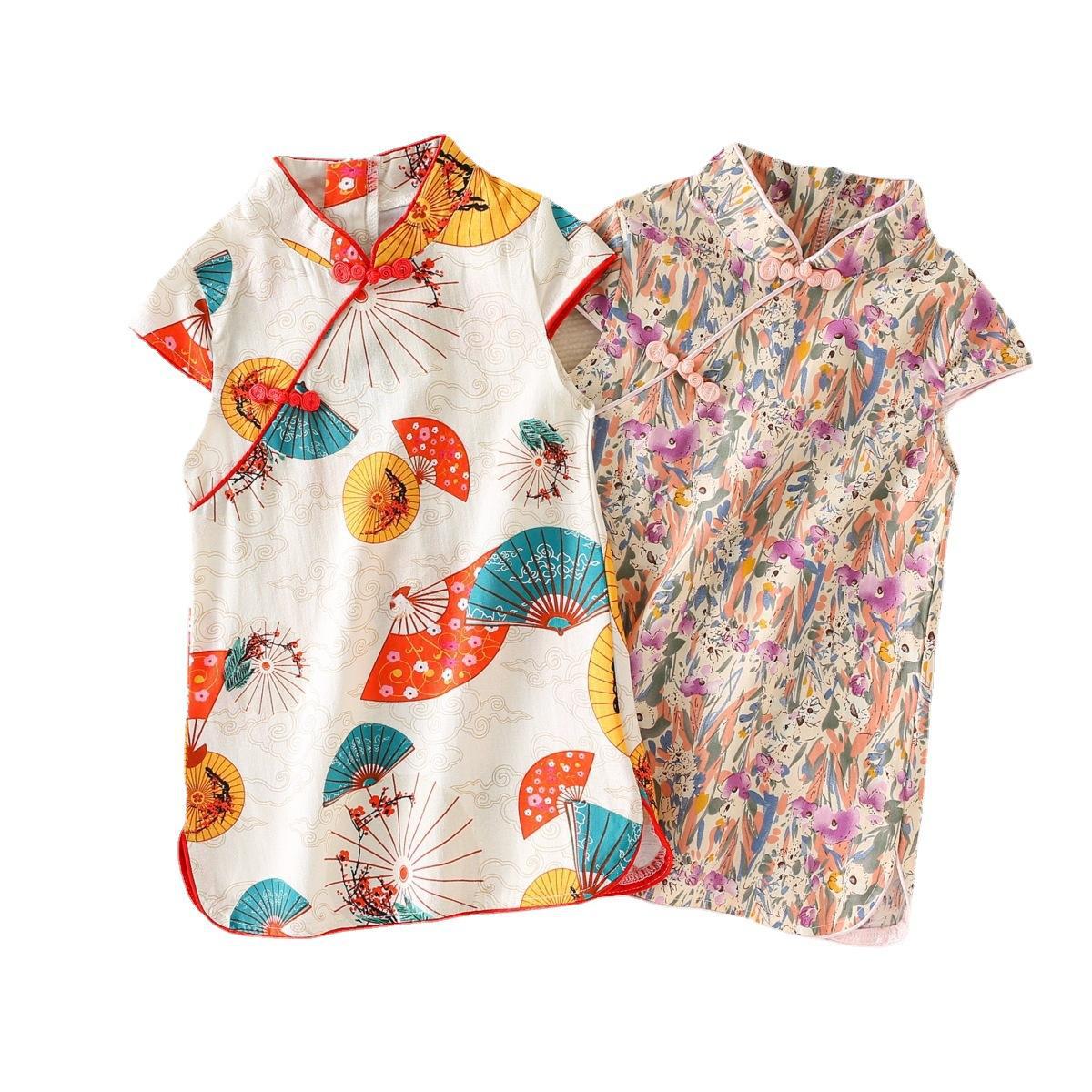 2023 Summer new children's girls printed cheongsam ladies Tang ethnic style dress a generation of hair