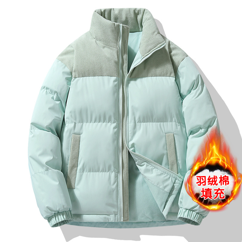 Couple's new cotton-padded coat men's corduroy stitching stand collar cotton-padded jacket loose plus size down cotton-padded jacket casual fashion brand coat