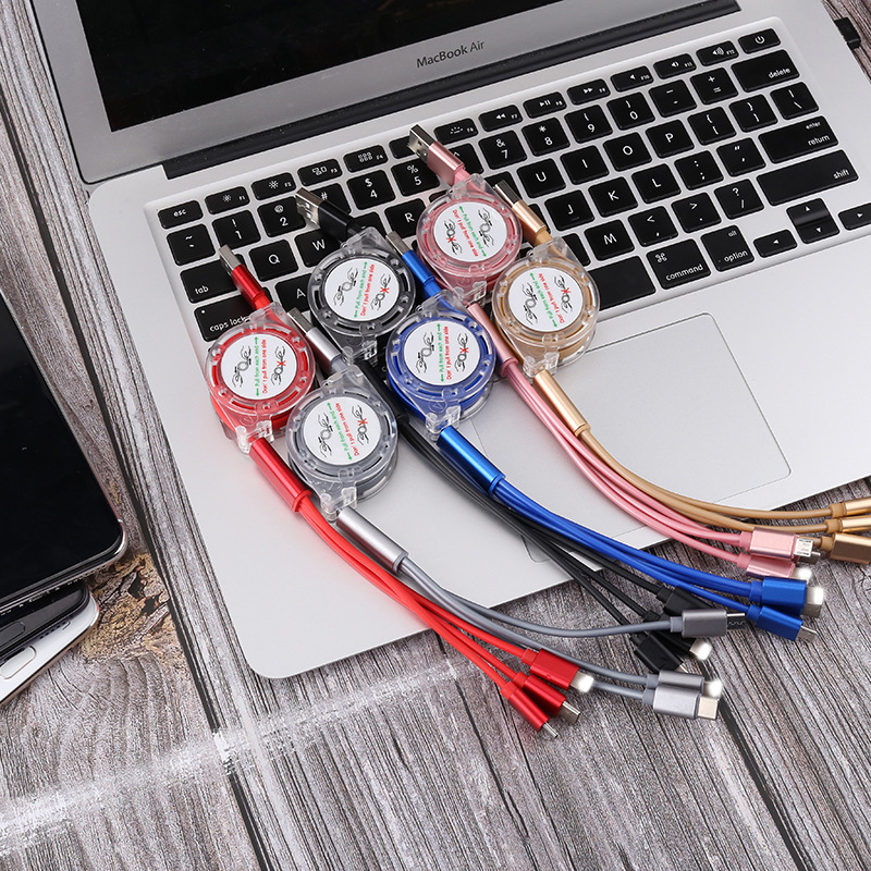One-to-three telescopic data line wholesale 2A fast charging three-in-one mobile phone charging line promotional gifts custom manufacturers