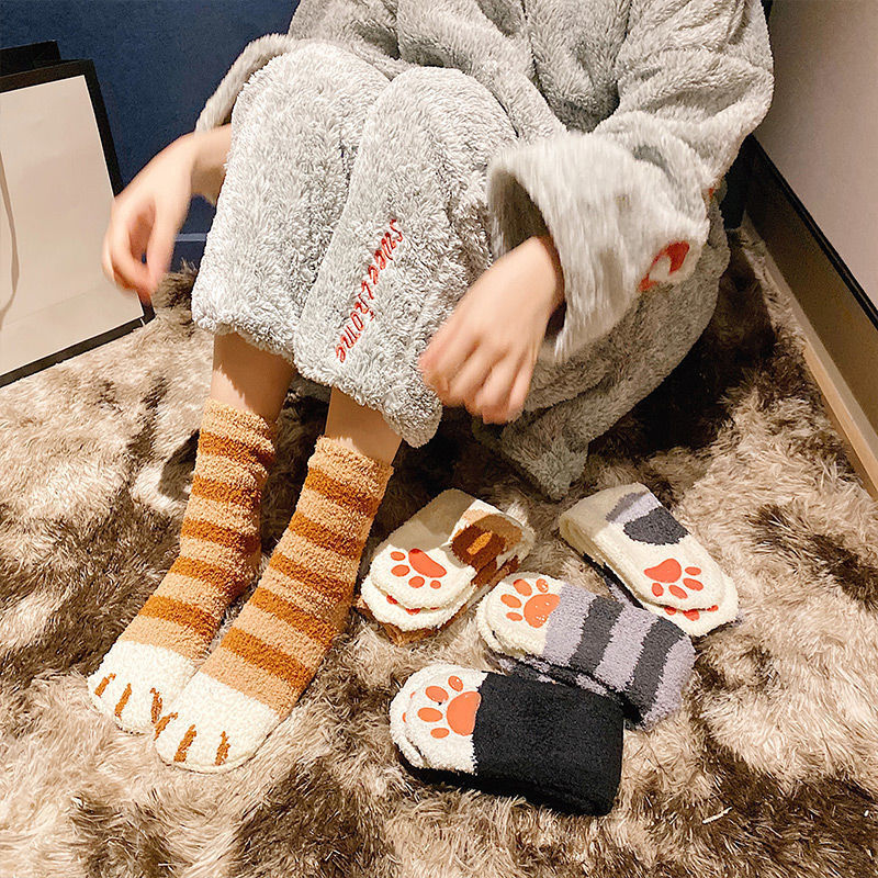 Winter socks women's snow coral fleece socks warm autumn and winter floor sleep socks plush home cat Socks