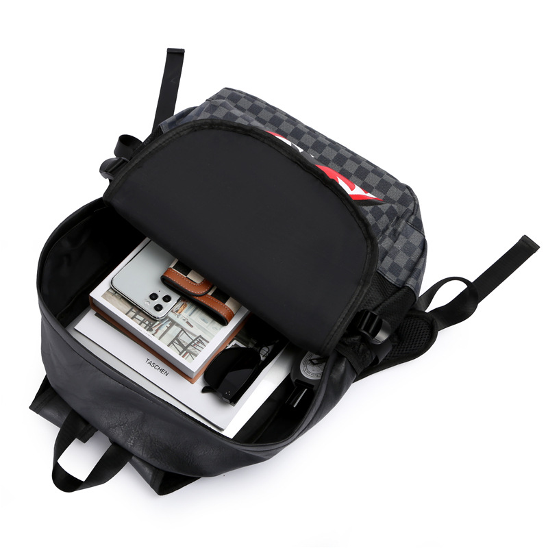 Backpack Men's Fashionable Brand European and American Fashion Plaid Travel Backpack Trendy All-match Leather Boys Schoolbag Computer Bag
