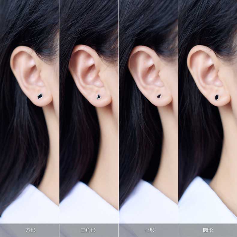 Nalan S925 silver stud earrings black women men's square round small stud earrings geometric stud earrings couple style E0337-1