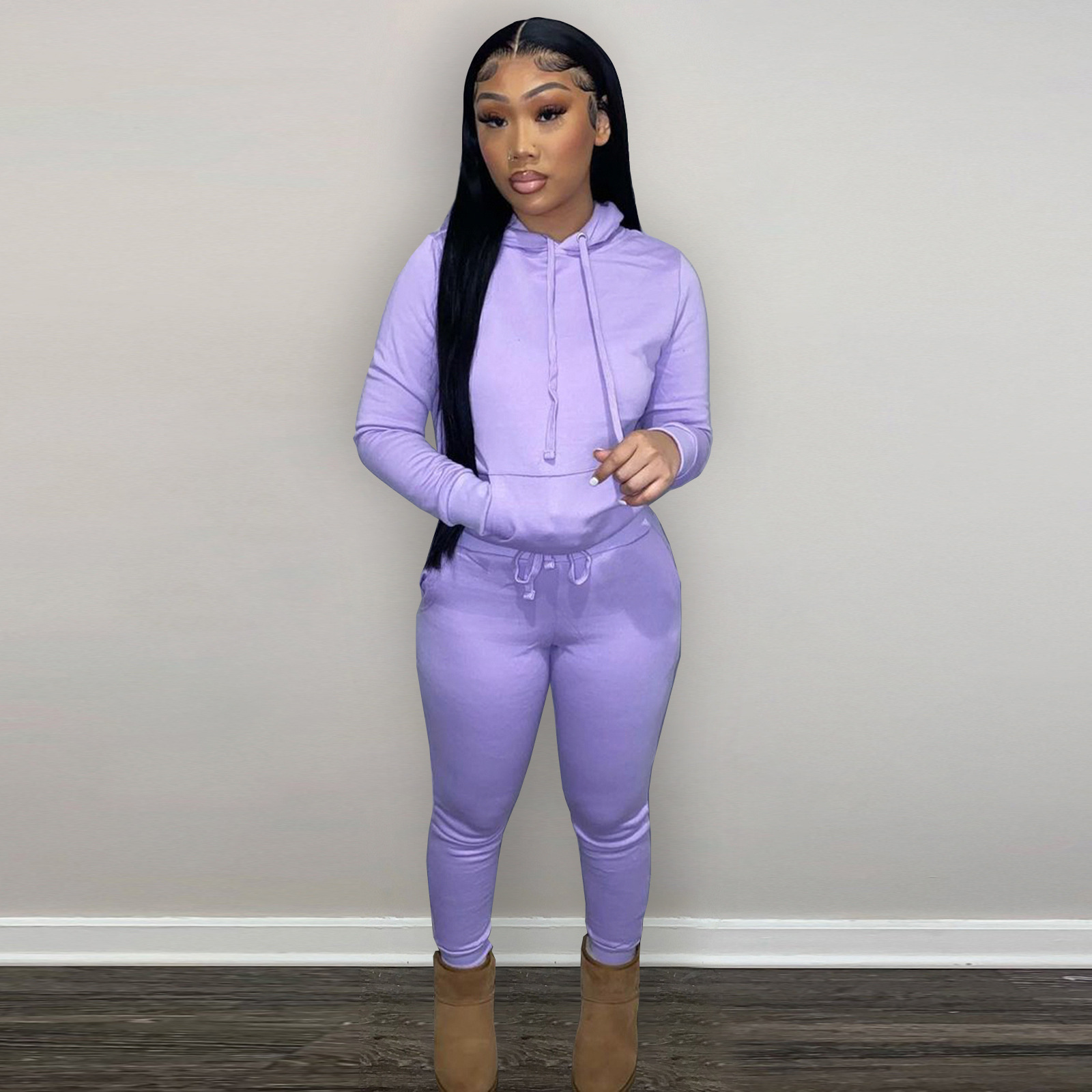 HR8197 European and American women's clothing  independent station supply autumn and winter plus velvet drawstring hooded two-piece set_voghion.com