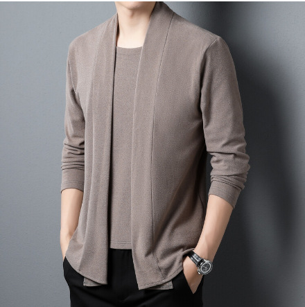 Men's New Fake Two-piece Double-sided Fleece Base Shirt Mid-green Handsome Warm Inner Shirt Long-sleeved T-shirt