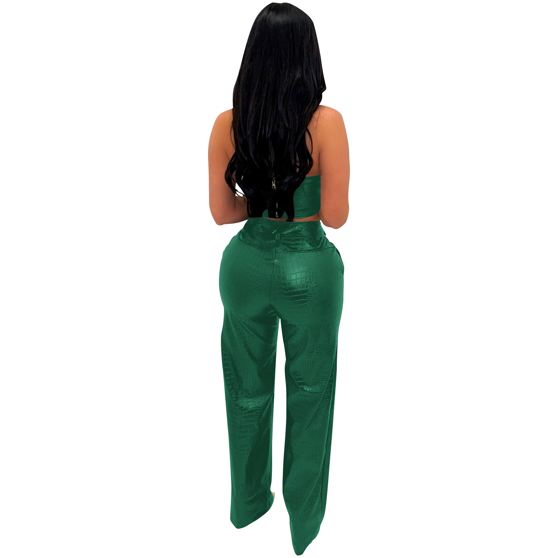 AL259 Amazon self-built website cross-border European and American women's tube top imitation leather suit sexy PU two-piece set