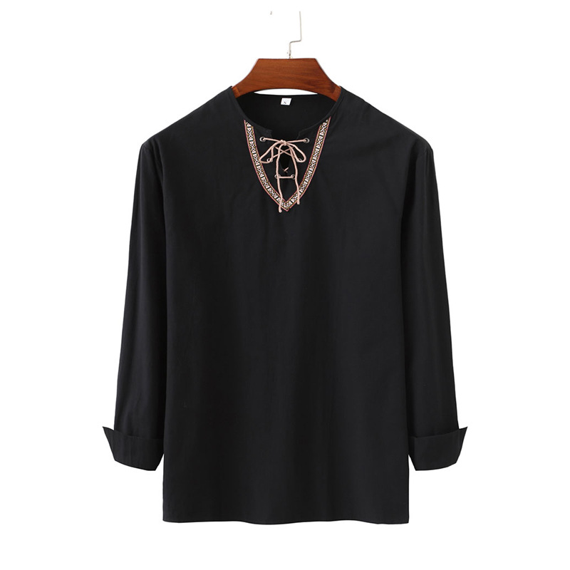 2023 Spring and Autumn Cross-border New European and American Men's Loose Solid Color Drawstring Long Sleeve Shirt Cotton Linen Stand Collar Men's Shirt
