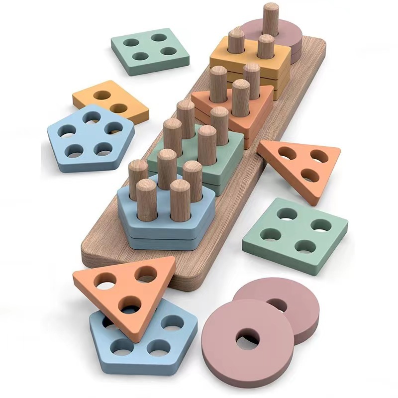 Cross-border CPC Children Nordic Wind Gradient Color Five Sets of Column Geometric Shape Color Matching Building Blocks Set Column Toy