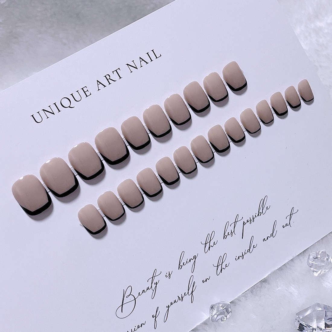 MZY149 gray tea black edge short nail beauty piece French black edge gray brown European and American simple fake nail patch 24 pieces