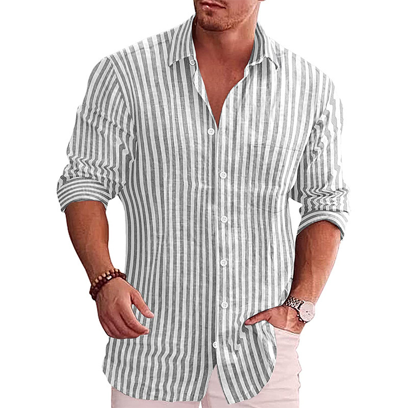 2023 foreign trade autumn and winter fit European and American men's long-sleeved shirt men's ordinary casual youth lapel striped lining