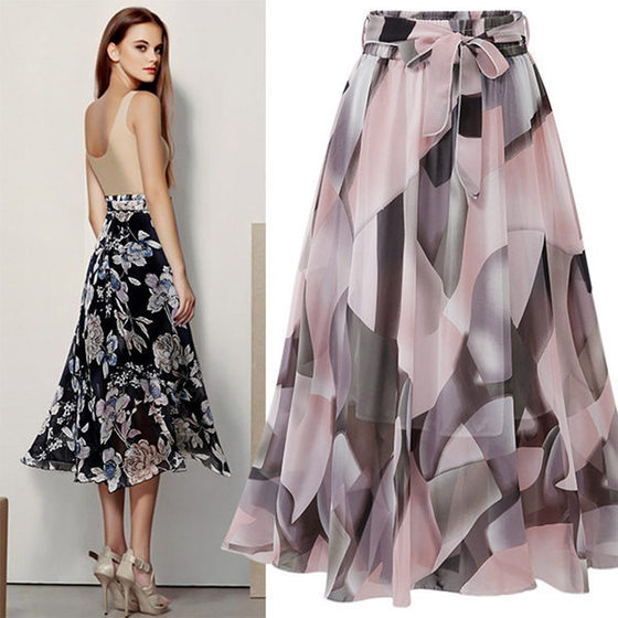 Chiffon Skirt Women's Summer Large Size New Mid-length Floral Skirt High Waist Foreign Trade Mid-length Skirt Slim A- line Gauze Skirt