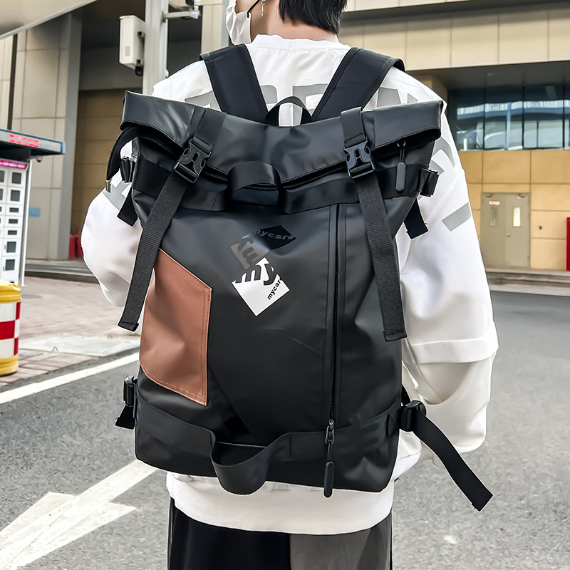 Korean style street fashion backpack new roll-up fashion personalized backpack men's large capacity waterproof College student schoolbag