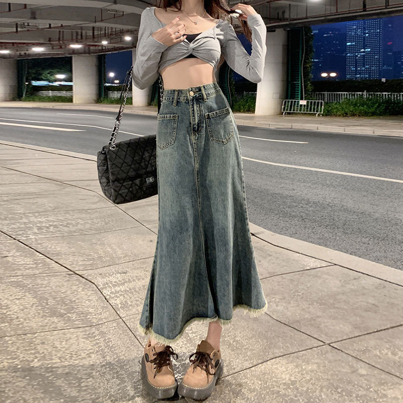 Denim Skirt Women's Summer New ins Style Korean Style High Waist Slimming A- line Skirt Niche Design Sense Burr Edge Fishtail Skirt