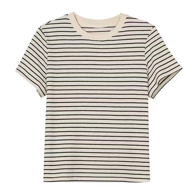 Pure Cotton Waffle Striped Short-sleeved T-shirt Women's ins Fashionable Loose Lazy Style Top All-match T-shirt Spring and Summer Base Shirt