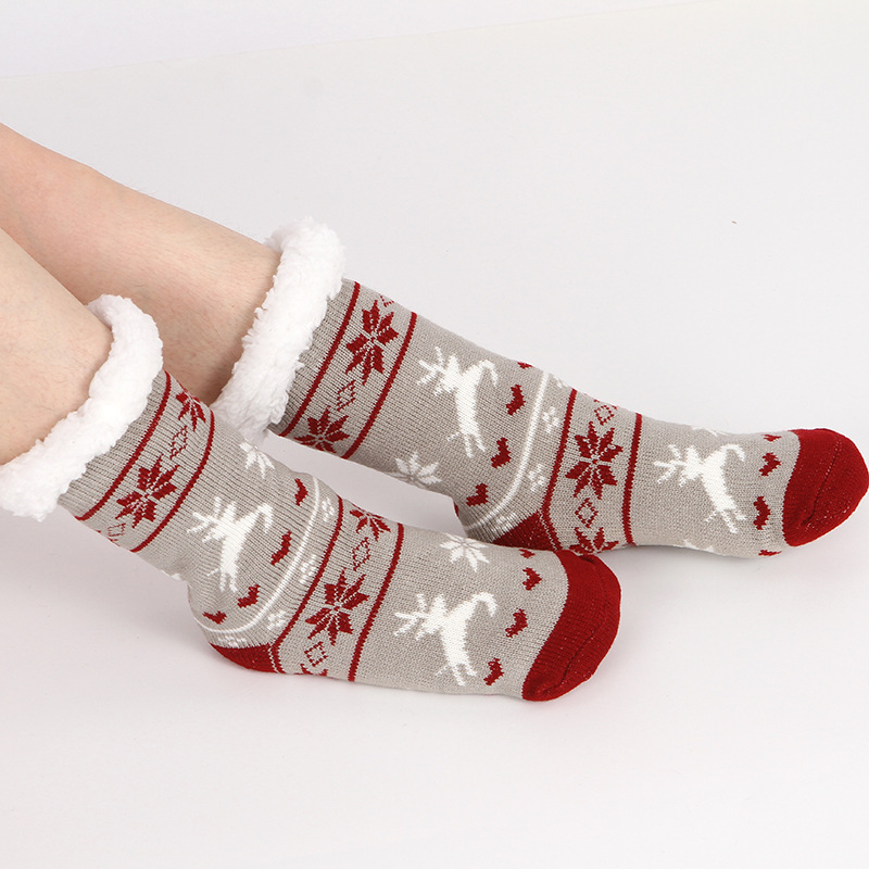 Floor socks jacquard Christmas fleece-lined non-slip snow bar socks cross-border hot sale thickened lambswool indoor long knitted socks