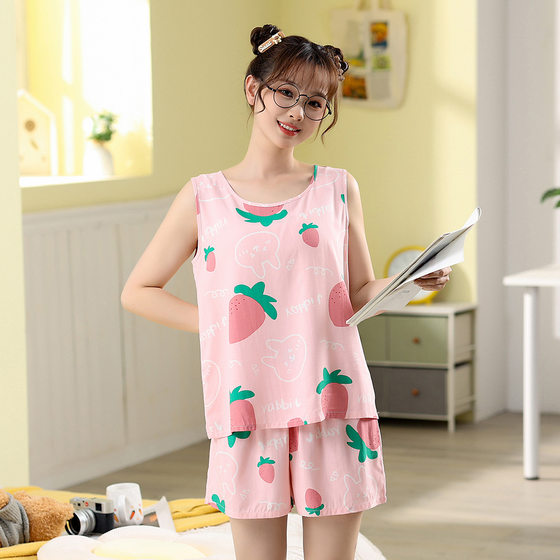 Pajamas Women's Summer Cotton Silk Two-piece Shorts Cute Vest Women's Summer Student Fresh Girl's Home Clothes suit