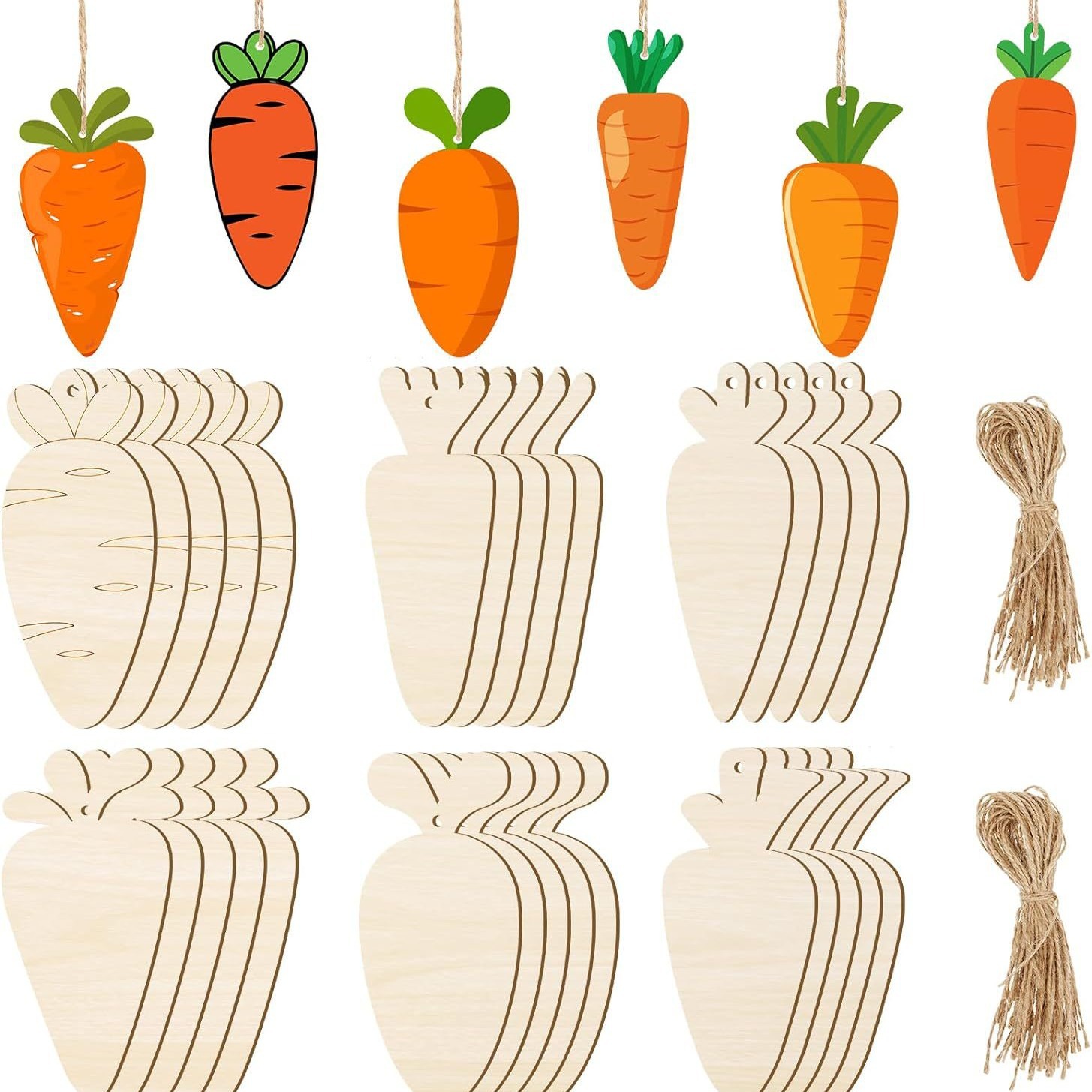 36 pieces unfinished Easter wooden carrot blank hanging ornaments with hole rope tags for Easter decoration