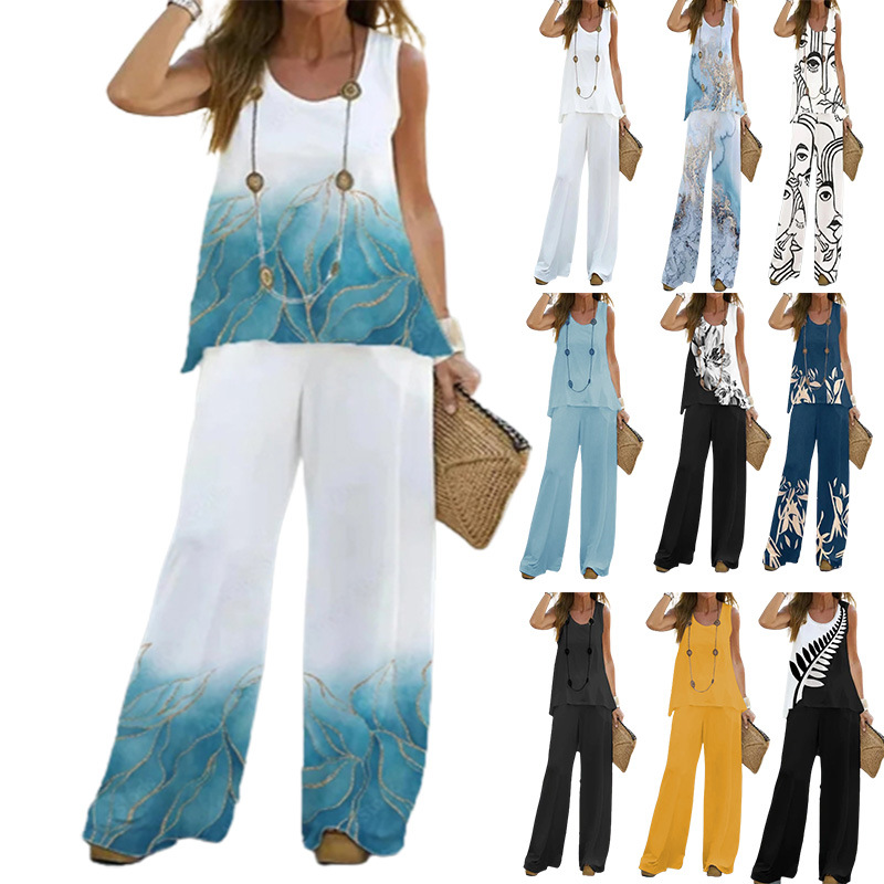 2023 Cross-border Foreign Trade Europe and America Summer Casual Women's Printed Sleeveless Top Elastic High Waist Pants Two-piece Suit_voghion.com