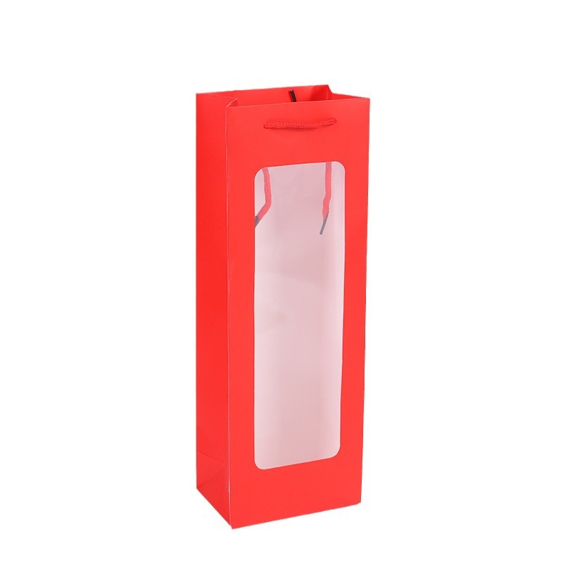New single red wine portable gift bag open window paper Kraft paper bag transparent handbag rectangular gift bag