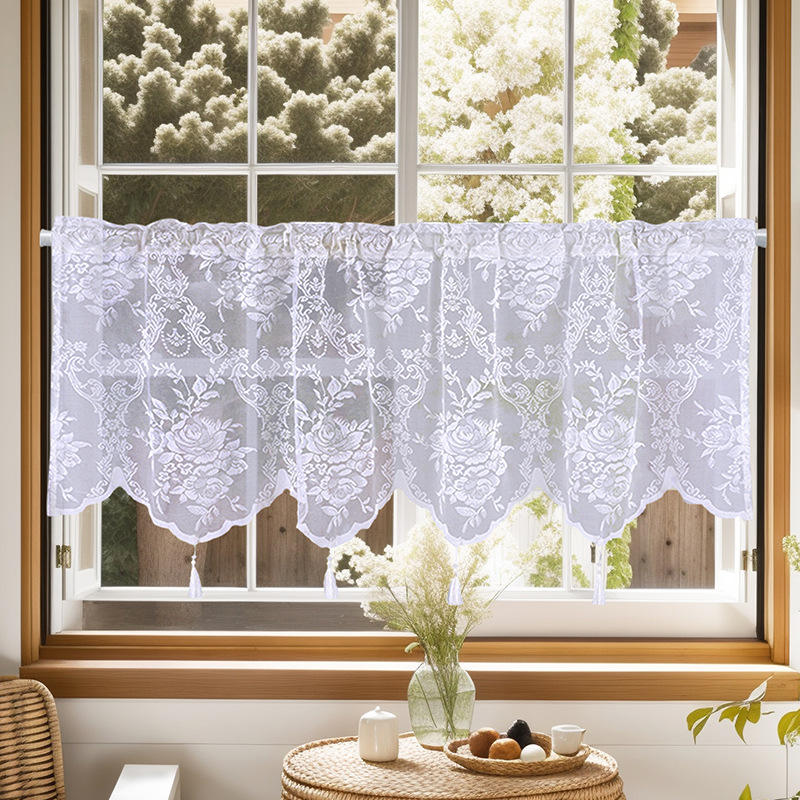 Factory Direct sales fine woven gauze curtain lace wear Rod small short curtain tassel finished short curtain foreign trade cross-border
