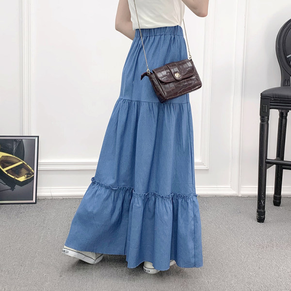 2022 spring and summer new Denim high waist all-match long skirt retro simple A- line elastic waist loose skirt