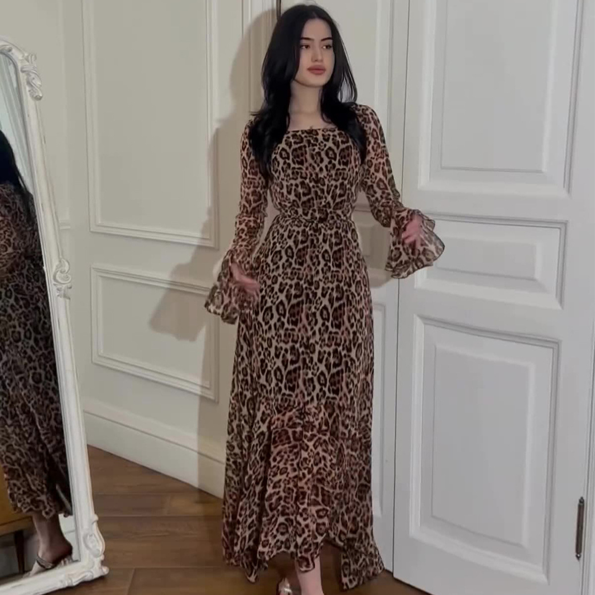 Amazon Europe and the United States 2024 spring new chiffon leopard lotus leaf sleeve temperament long stitching irregular dress