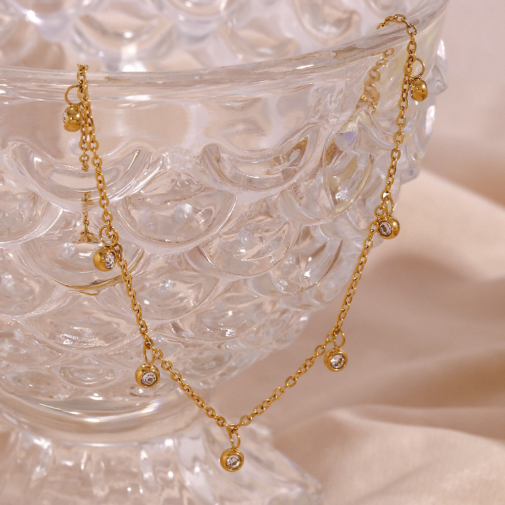 2023 new round ball color zircon foot decoration stainless steel 18K gold plated niche light luxury rhinestone pendant anklet