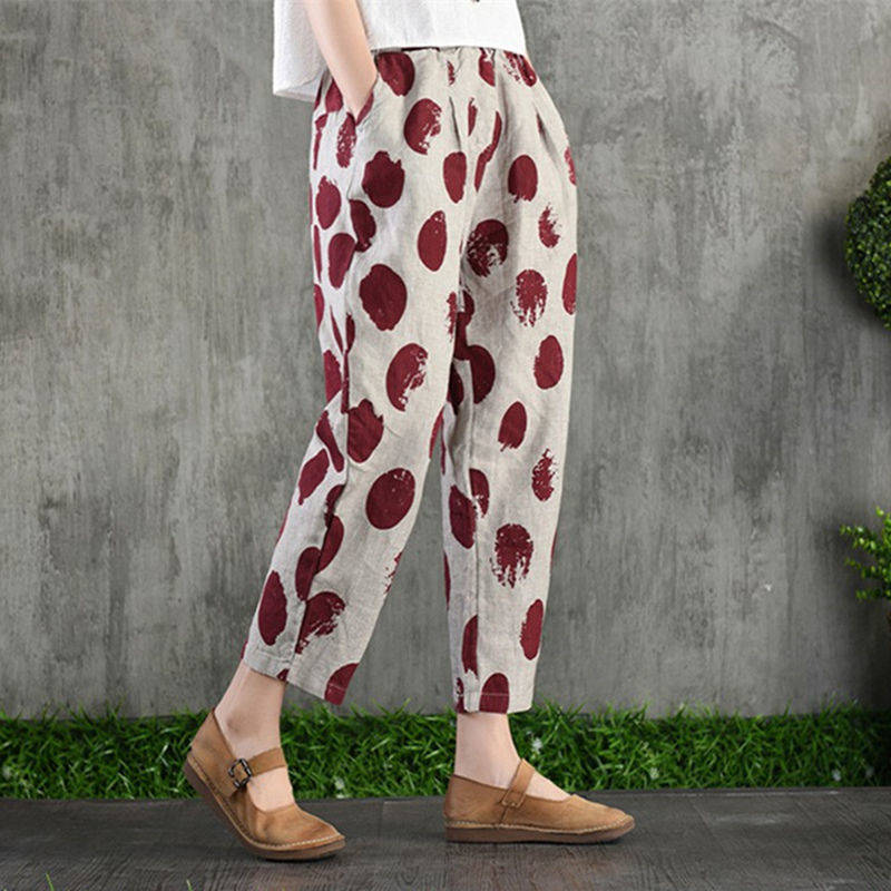 New Cotton Harlan Pants Thin Breathable Artistic Retro Fashion Cotton Linen Cropped Pocket Summer Loose Printed Cotton Pants Large Size