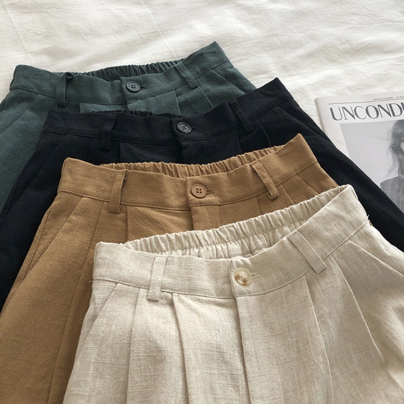 2022 Summer Breathable Cotton and Linen Shorts Japanese Style Vintage High Waist Slimming Linen Wide Leg Pants Casual Suit Women's