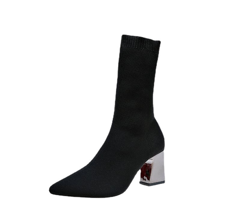 Foreign trade plus size wool short boots Women pointed toe chunky heel Martin stretch boots Amazon AliExpress knitted socks boots size 43