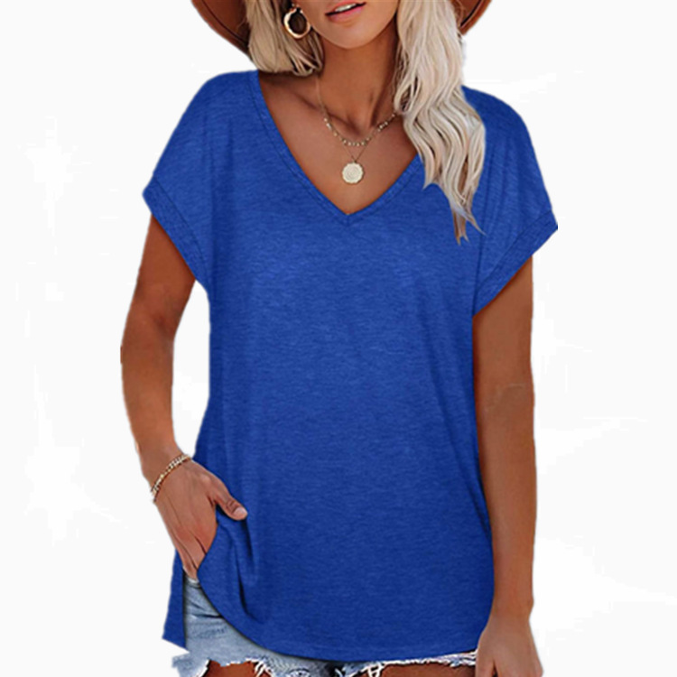 Women's T2022 New Amazon cross-border women's fashion European and American Foreign trade fashion solid color split V-neck short-sleeved T-shirt for women