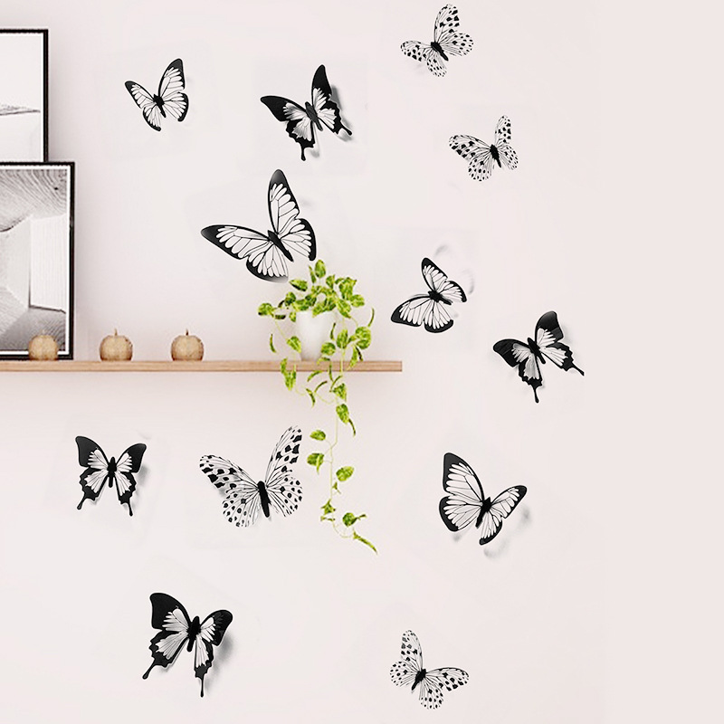 18 black and white color glitter three-dimensional butterfly wall stickers living room bedroom wall decoration stickers wall layout creative