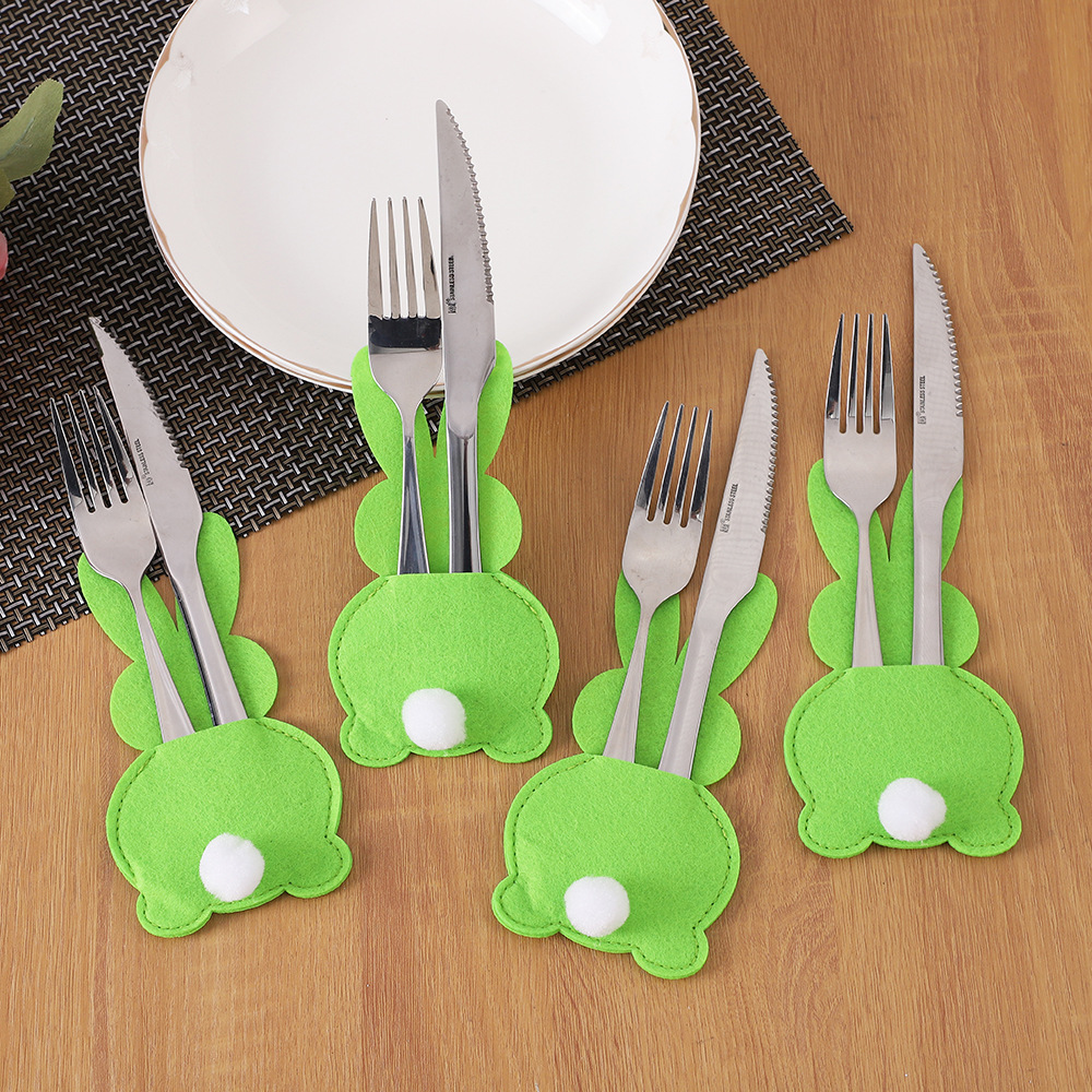 Easter Bunny Knife and Fork Bag with Tail and Feet Cartoon Colorful Knife and Fork Silverware Tableware Storage Bag Table Decoration