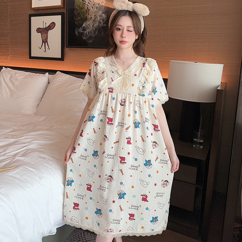 Summer Nightgown Women's Cute Cartoon Ins Princess Style Short-sleeved Mid-length Nightgown Plus Fat Plus Big Fat Women's Home Clothes