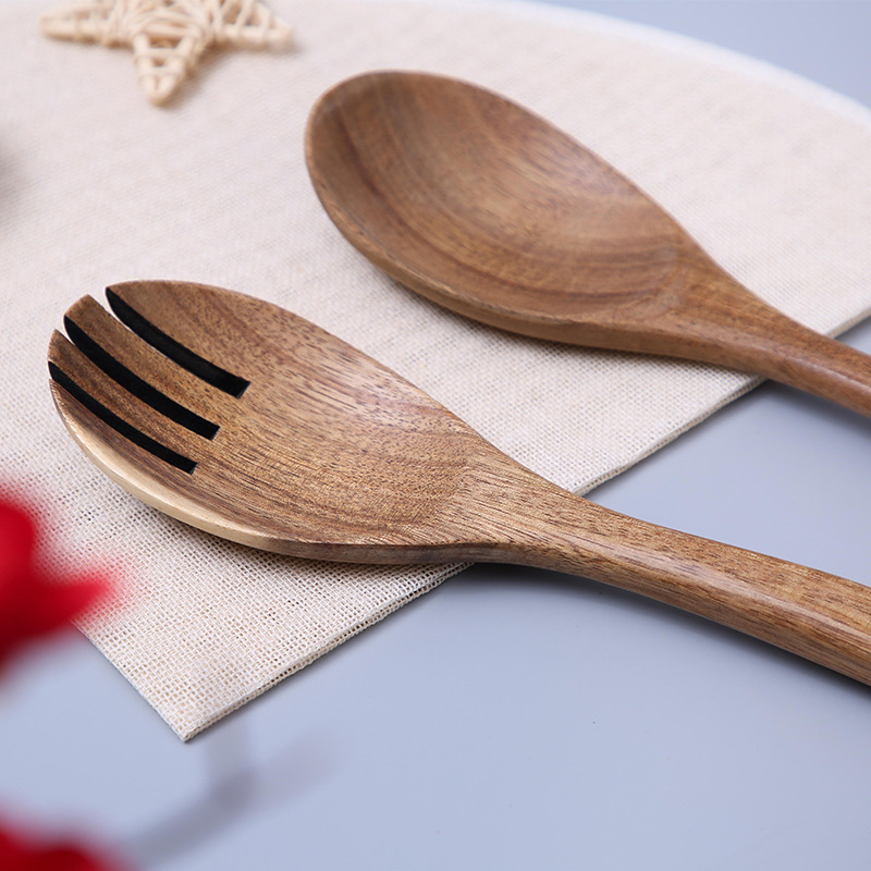 Acacia wooden spoon shovel combination suit teak wooden long handle spoon log salad stirring spoon Fork in stock logo